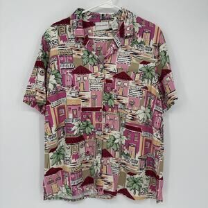 Alfred Dunner Women 12 Pink Tropical Cat Print Rayon Button Up Shirt Village Top